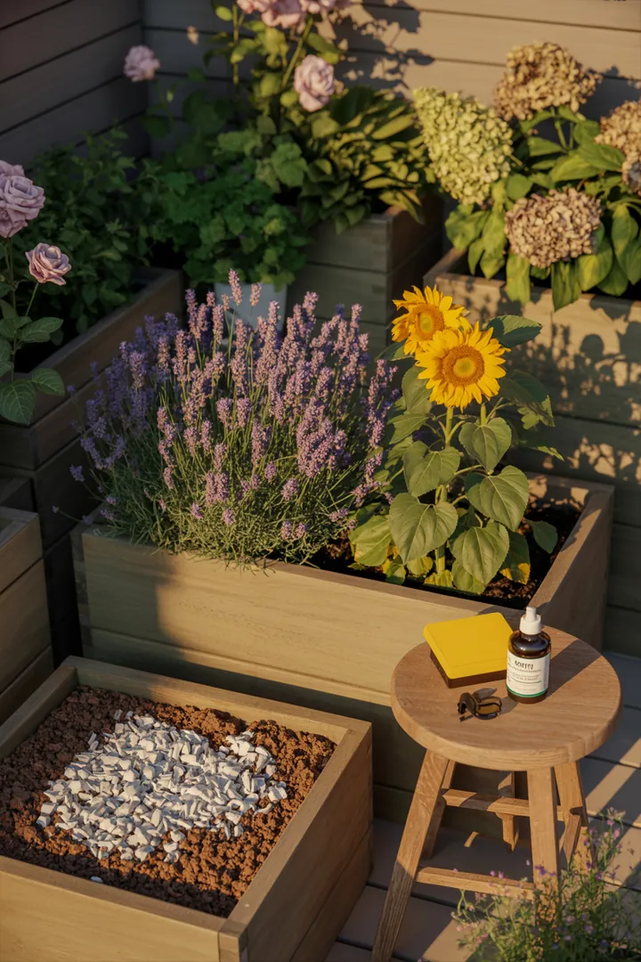 Bild zeigt ein Gartenarrangement mit Gelbtafeln zur Schädlingsbekämpfung, umgeben von mineralischem Substrat, Blähton und einem Drainagevlies für optimale Pflanzenpflege.