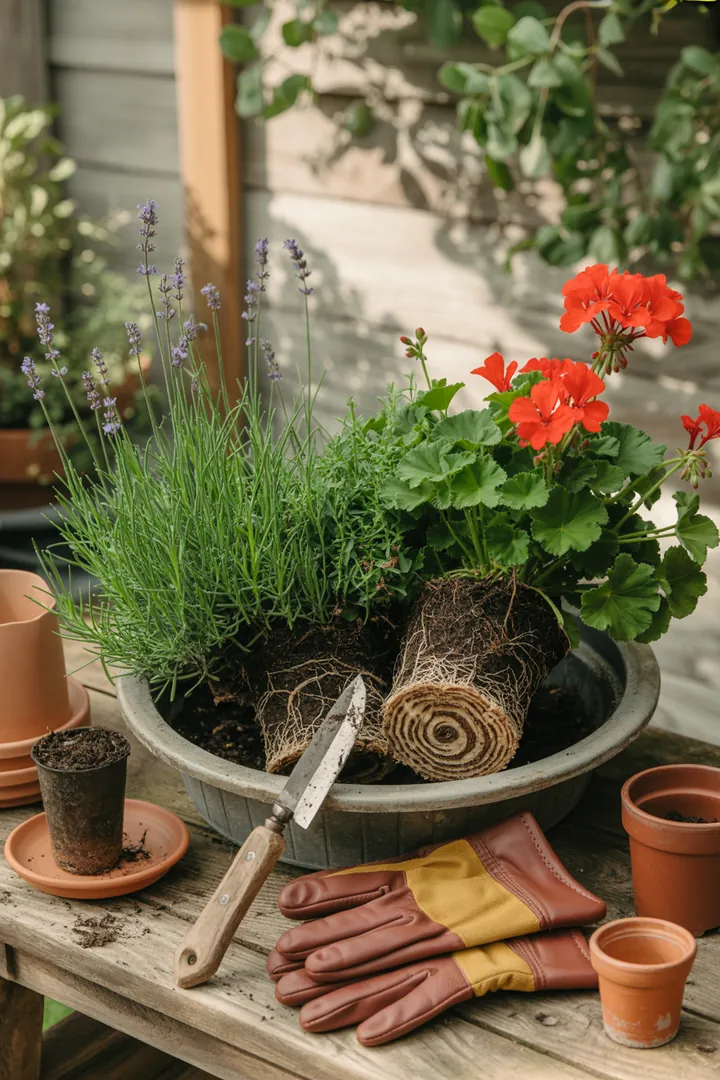 Ein kreatives Arrangement von Töpfen in verschiedenen Größen, umgeben von hochwertiger Pflanzerde, Wurzelmesser und schützenden Handschuhen, auf einem dekorativen Untersetzer.