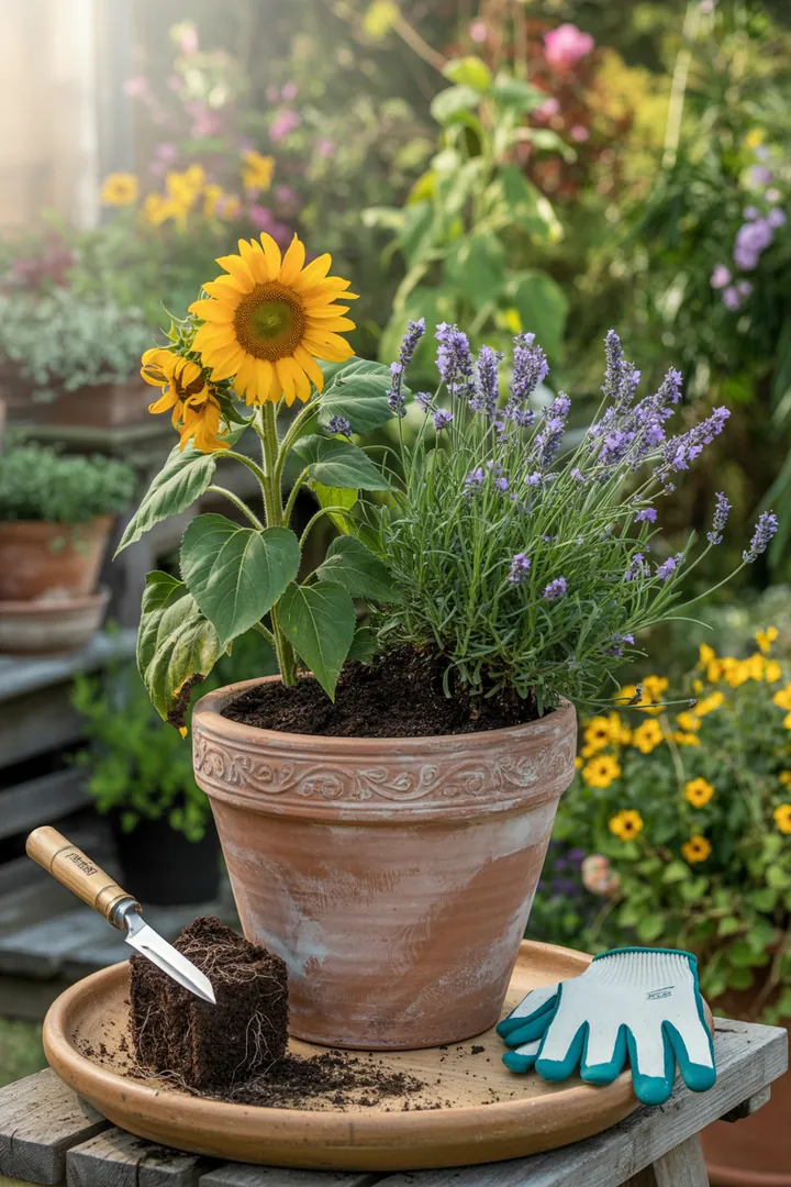 Ein Set aus verschiedenen Töpfen, umgeben von nahrhafter Pflanzerde, einem Wurzelmesser, schützenden Handschuhen und praktischen Untersetzern für die Gartenarbeit.