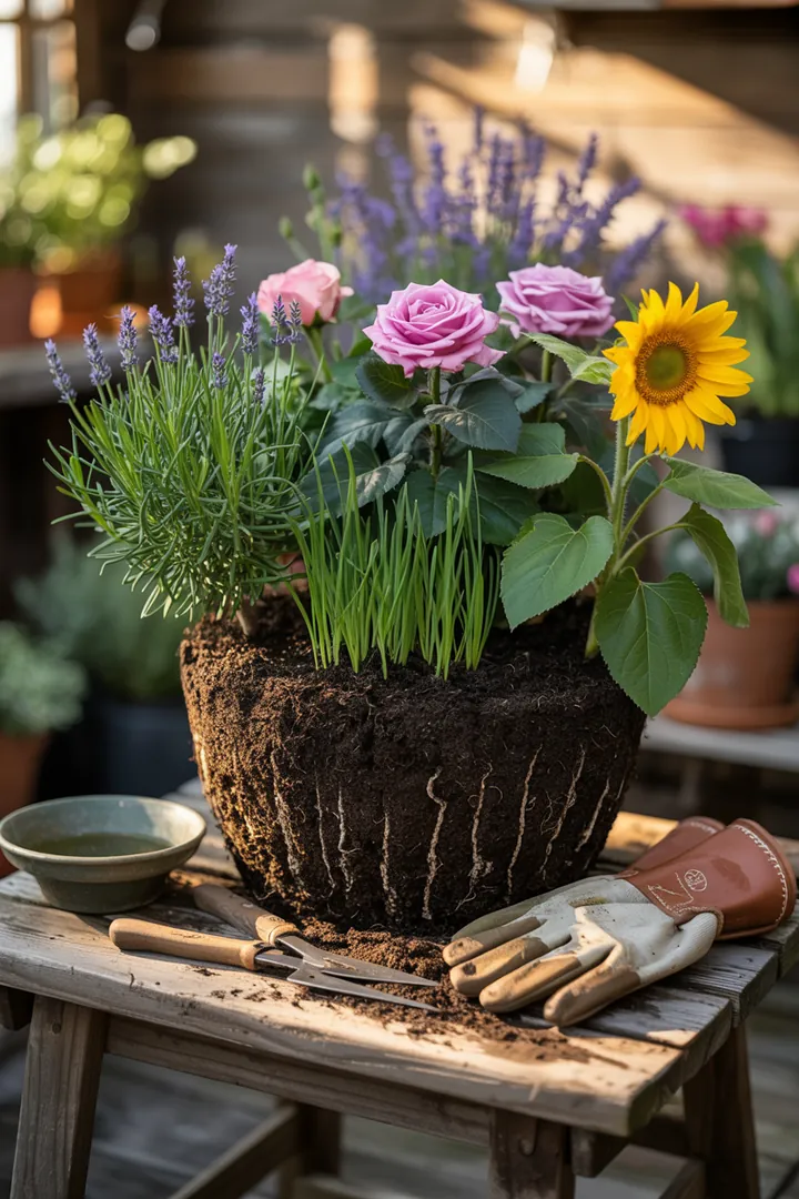 "Ein Bild von Gartenwerkzeugen und Zubehör, darunter Erde für Pflanzen, größere Töpfe, ein Wurzelmesser, schützende Handschuhe und praktische Untersetzer."