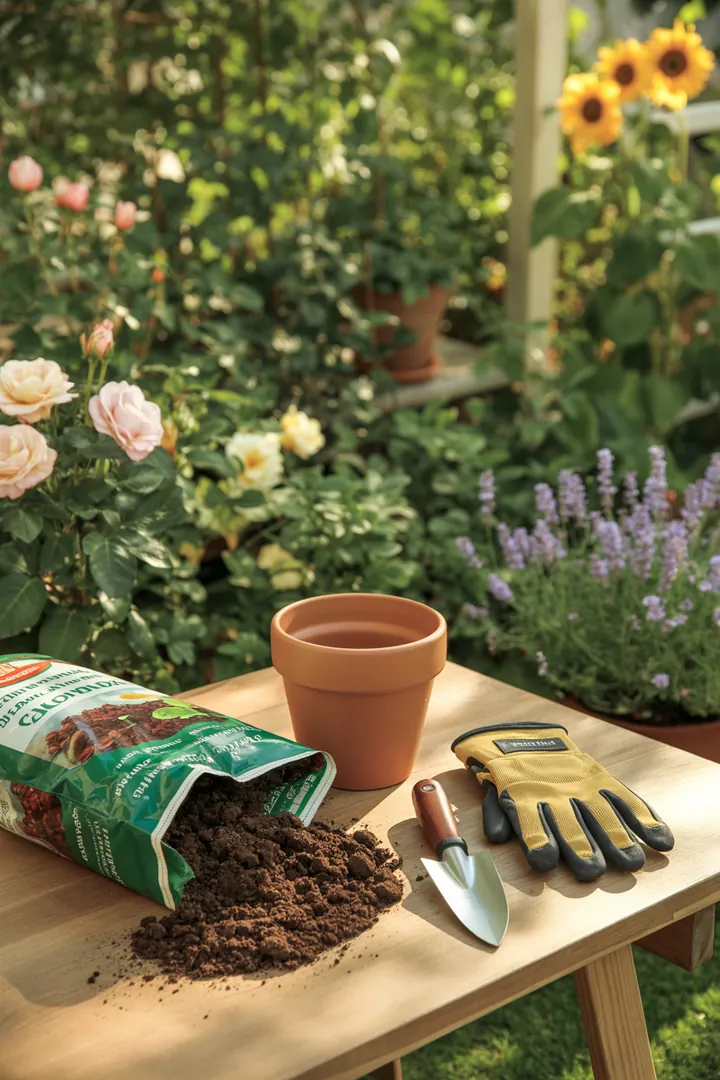 Ein Set aus verschiedenen Töpfen, umgeben von Erde für Pflanzen, einem Wurzelmesser, schützenden Handschuhen und praktischen Untersetzern, ideal für Gartenliebhaber.