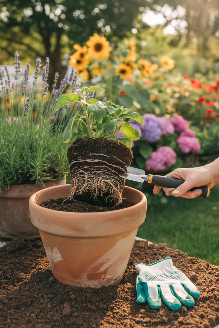 Grüne Pflanzen in dekorativen Töpfen, umgeben von hochwertiger Pflanzerde, einem Wurzelmesser und schützenden Handschuhen, auf einem stabilen Untersetzer.