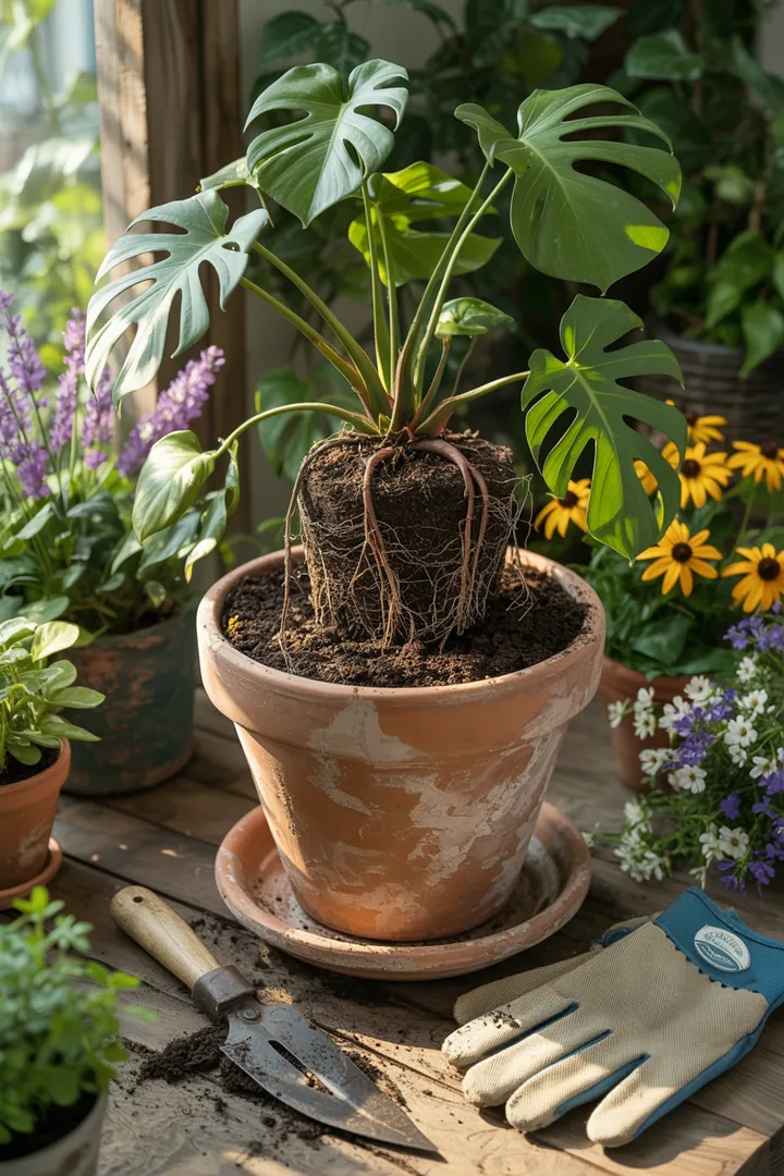 Ein Set aus Gartenwerkzeugen, darunter ein Wurzelmesser und Handschuhe, liegt neben Töpfen in verschiedenen Größen und einem Untersetzer, ideal für die Arbeit mit Pflanzerde.