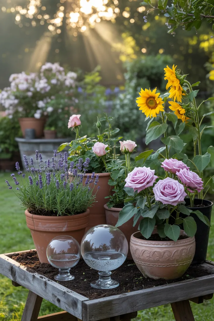 Ein innovatives Bewässerungssystem mit einer automatisierten Wassertanklösung, das Dochtbewässerung und Tropfschlauch kombiniert, um Pflanzen effizient zu versorgen.