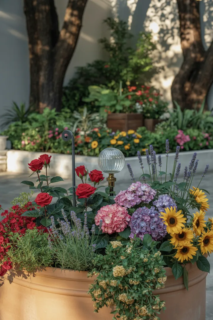 "Eine innovative Gartenbewässerungslösung zeigt einen Wassertank mit Dochtbewässerung und Tropfschlauch, ergänzt durch eine praktische Zeitschaltuhr zur optimalen Pflanzenpflege."