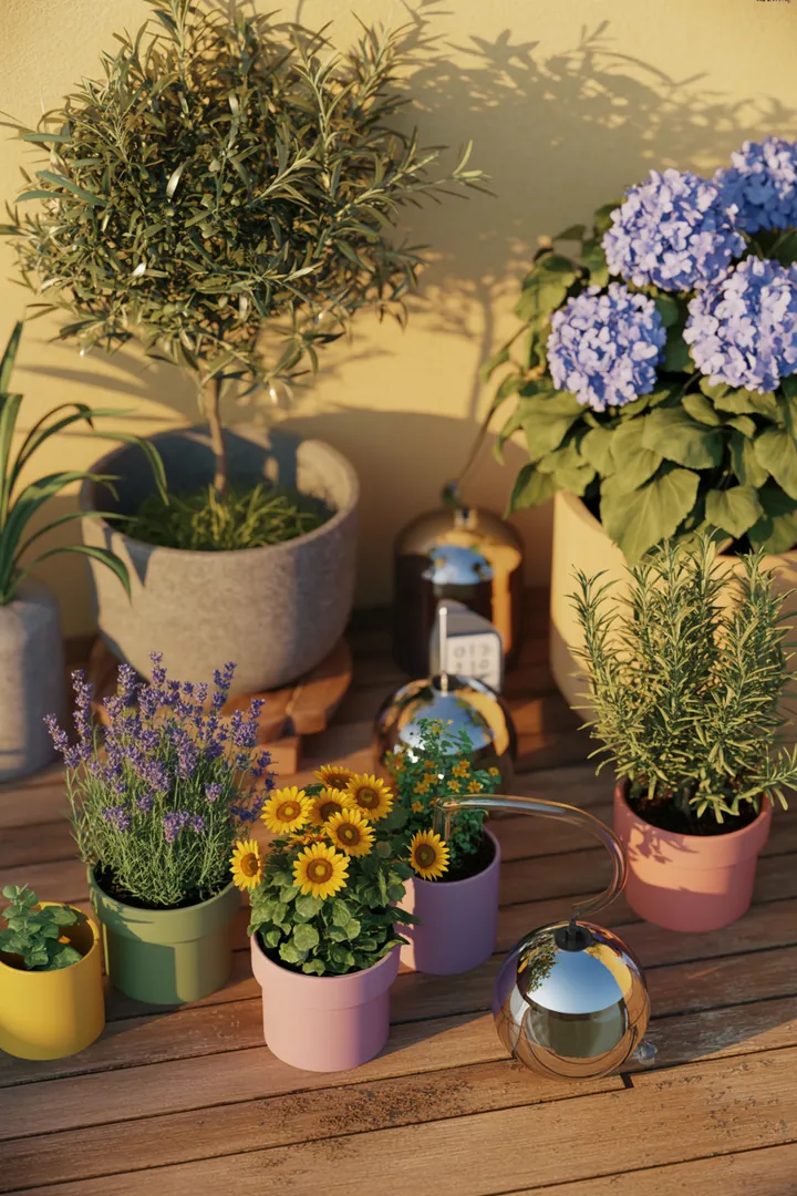 Eine innovative Bewässerungslösung mit einem Wassertank und einem Tropfschlauch, der durch Dochtbewässerung die Pflanzen automatisch mit Wasser versorgt, gesteuert von einer Zeitschaltuhr.