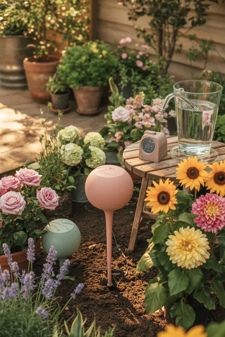 Ein kreatives Bewässerungssystem mit innovativen Wassertanks, die durch Dochtbewässerung und Tropfschläuche automatisch Pflanzen versorgen, unterstützt von einer praktischen Zeitschaltuhr.