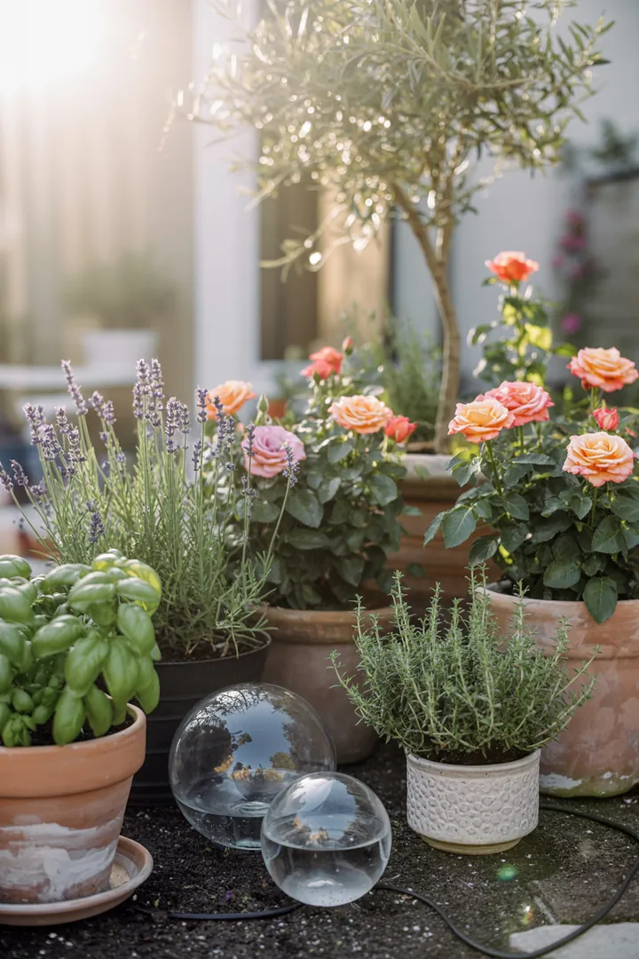 Eine innovative Bewässerungslösung mit einem Wassertank und einem Tropfschlauch, unterstützt von Dochtbewässerung und einer praktischen Zeitschaltuhr für effiziente Pflanzenpflege.