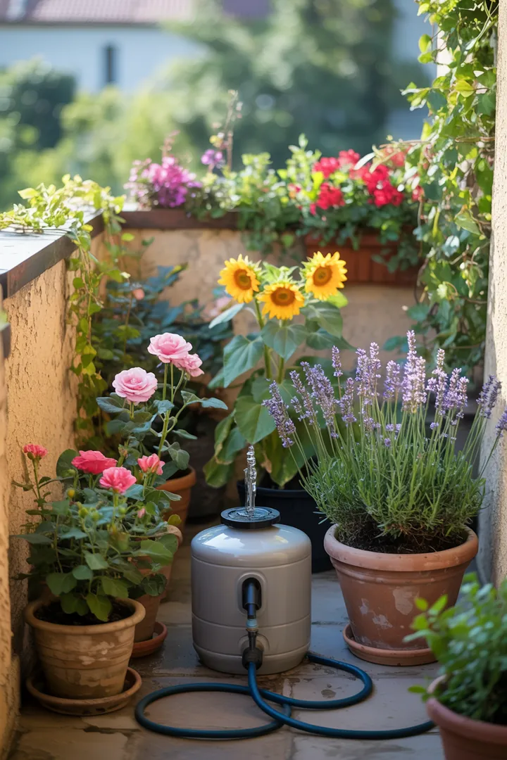 Ein innovatives Bewässerungssystem mit einem Wassertank, der durch Dochtbewässerung optimal mit Wasser versorgt wird, ergänzt durch einen Tropfschlauch und eine Zeitschaltuhr für präzise Bewässerung.