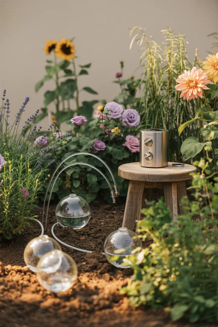 Bild zeigt eine innovative Pflanzenbewässerungslösung mit einem Wassertank, der mit Dochtbewässerung und Tropfschläuchen verbunden ist, sowie einer Zeitschaltuhr für automatisierte Bewässerung.