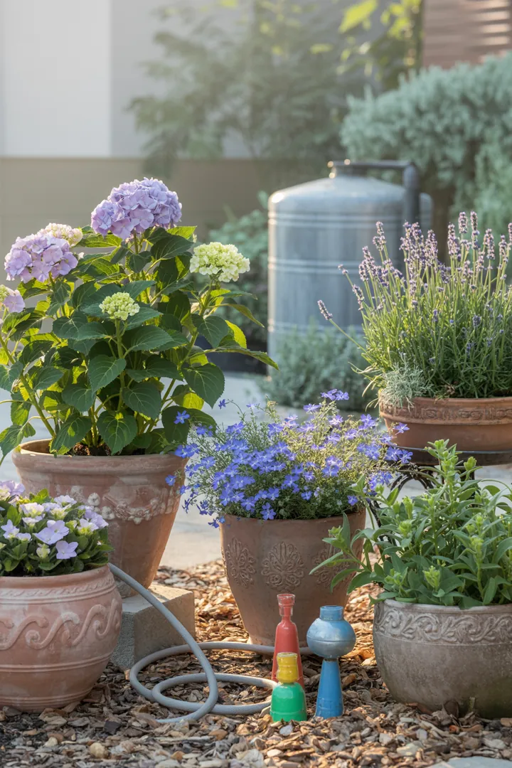 „Innovatives Bewässerungssystem mit einem Wassertank, das Dochtbewässerung und Tropfschlauch kombiniert, um Pflanzen automatisch zu versorgen und Zeit zu sparen.“