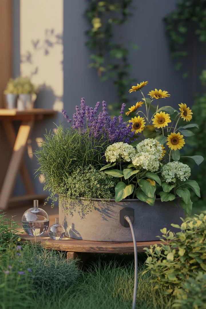 Eine innovative Gartenbewässerungslösung mit einem Wassertank, der durch Dochtbewässerung und Tropfschlauch systematisch Wasser abgibt, unterstützt von einer praktischen Zeitschaltuhr.