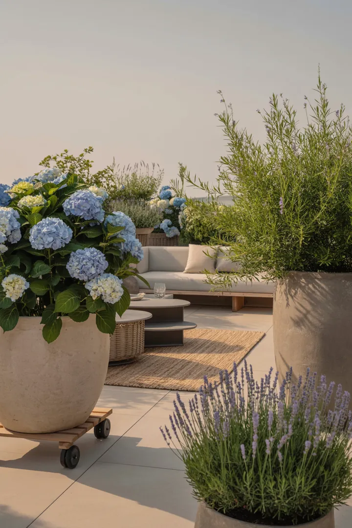 Ein stilvoller Außenbereich mit hohen Pflanzgefäßen auf einem attraktiven Teppich, ergänzt durch praktische Rollen und stilvolle Untersetzer.