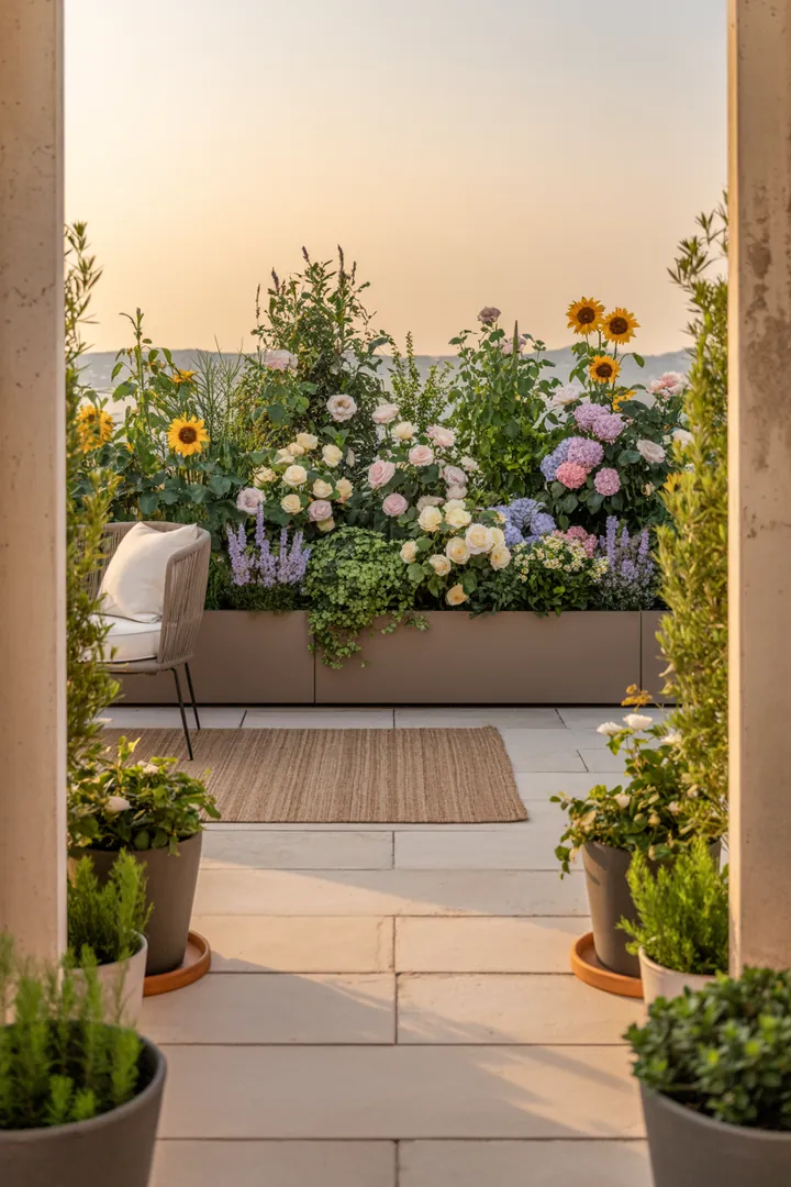 Ein stilvoller Outdoor-Bereich mit großen Pflanzkübeln auf eleganten Pflanzenrollern, umgeben von einem schützenden Teppich und dekorativen Podesten.