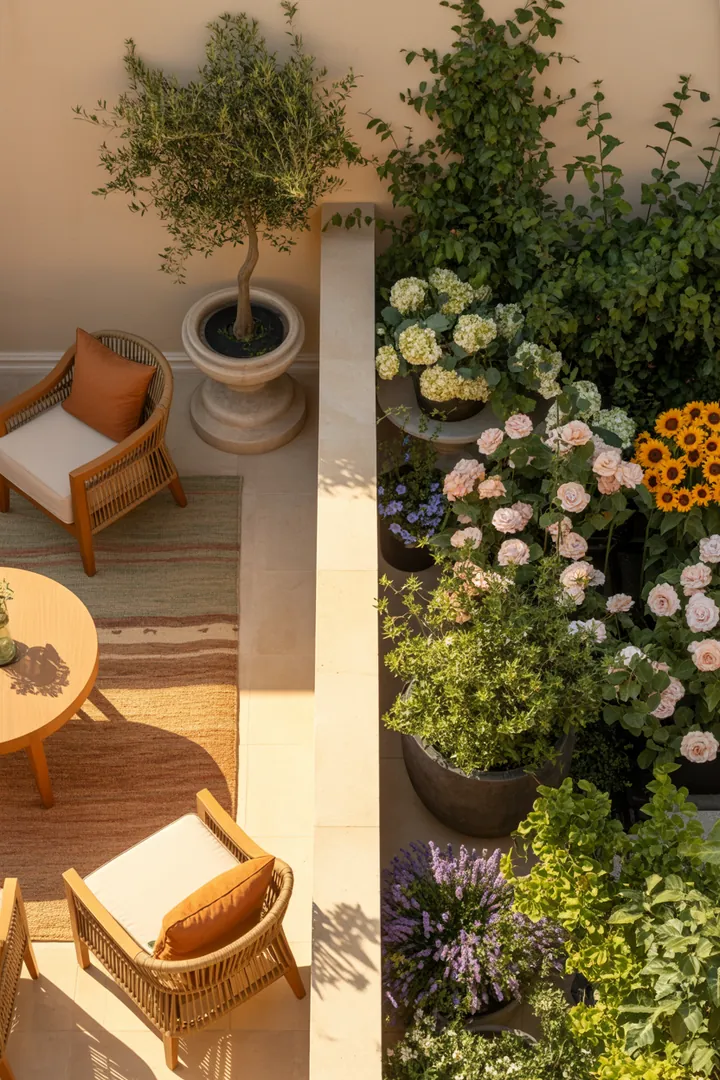 Ein stilvoller Gartenbereich mit dekorativen Kübeln auf Rollen, einem gemütlichen Teppich für den Außenbereich und ansprechenden Podesten, die das Gesamtbild abrunden.