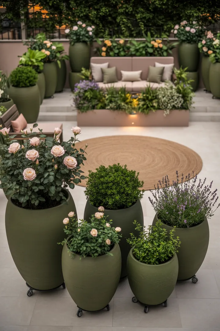 Elegante Gartenlandschaft mit stilvollen Pflanzcontainern, praktischen Rollern, einem geschmackvollen Outdoor-Teppich und stabilen Podesten, ideal für die Gestaltung und Pflege von Pflanzen.