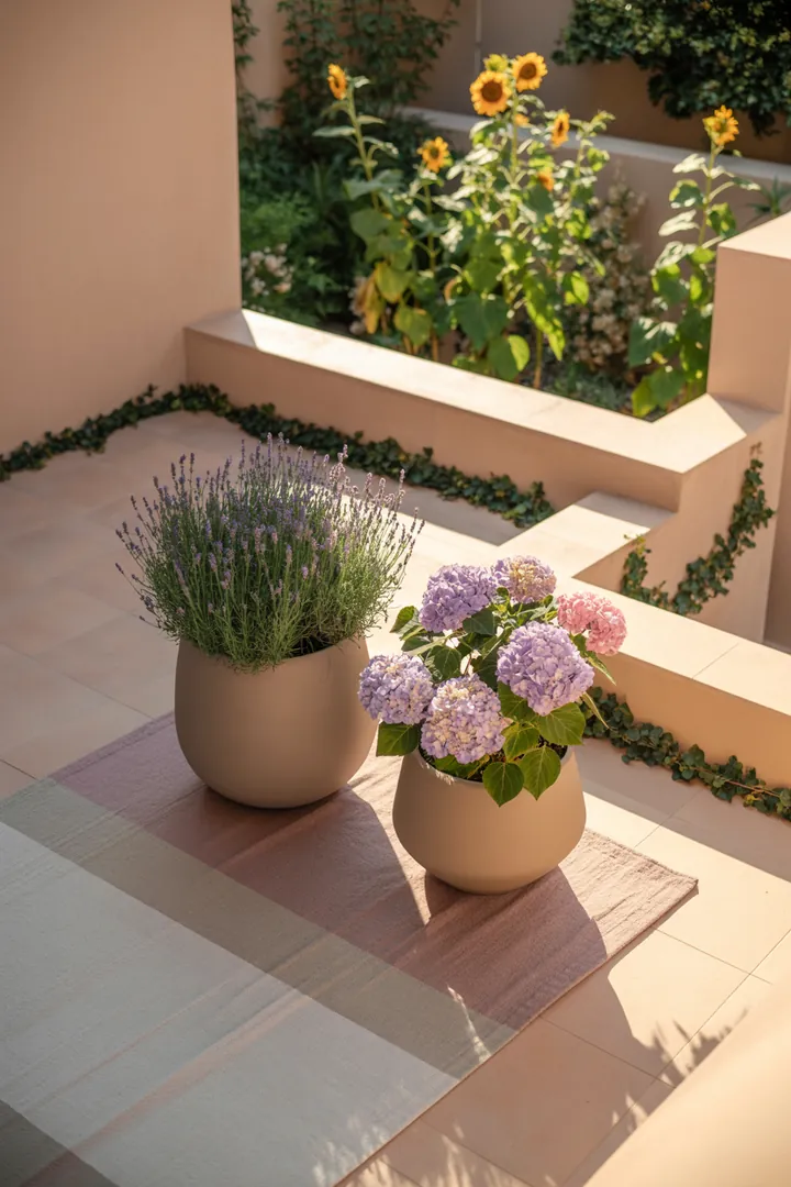 "Elegante Outdoor-Gestaltung mit großen Pflanzkübeln auf stilvollen Podesten, ergänzt durch praktische Pflanzenroller und einen dekorativen Teppich für den Außenbereich."