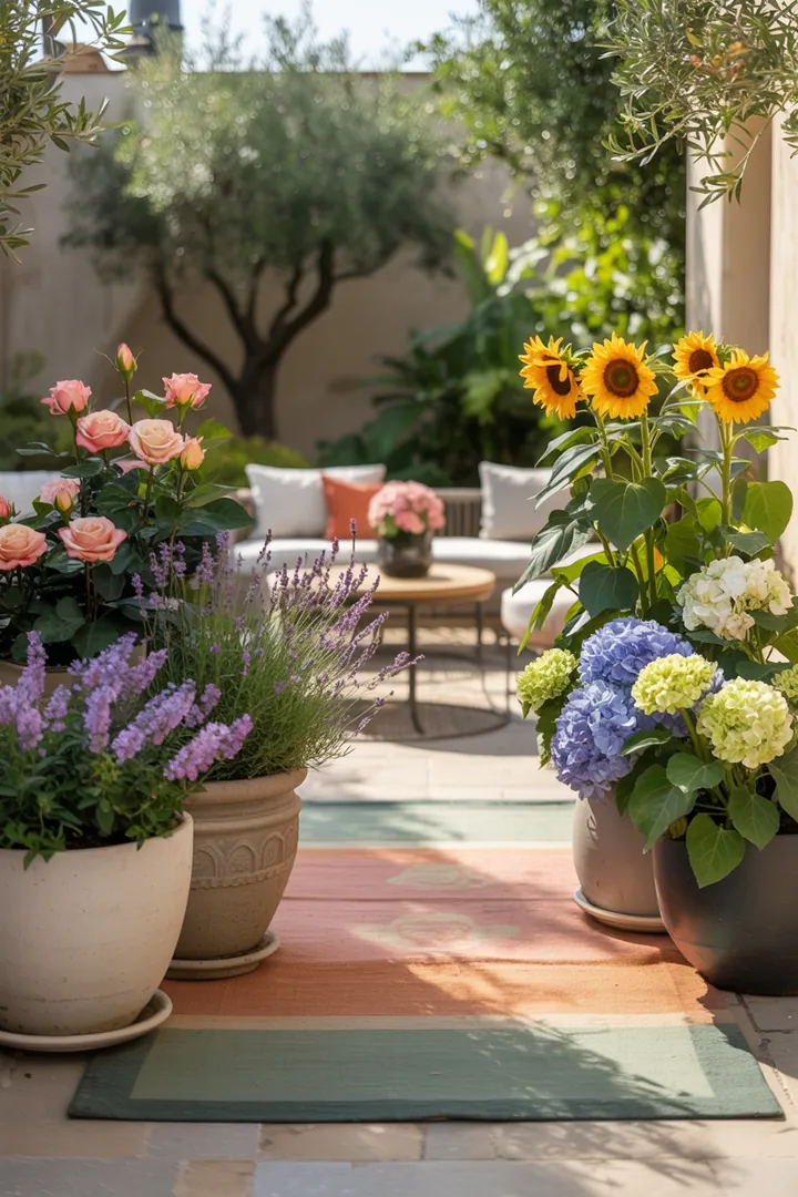 Ein stilvolles Outdoor-Arrangement mit großen Pflanzkübeln auf eleganten Podesten, ergänzt durch praktische Pflanzenroller und einen modernen Outdoor-Teppich.