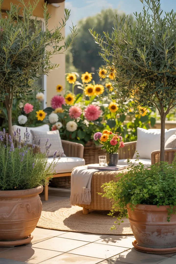Ein stilvoller Außenbereich mit großen Pflanzkübeln auf einem farbenfrohen Outdoor-Teppich, ergänzt durch praktische Pflanzenroller und dekorative Podeste, die das Gesamtbild abrunden.