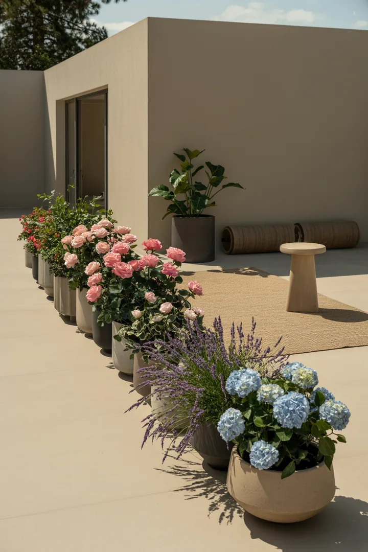 Ein stilvoller Außenbereich mit eleganten Pflanzbehältern auf einem dekorativen Teppich, umgeben von praktischen Rollen und stabilen Untersetzern auf erhöhten Flächen.
