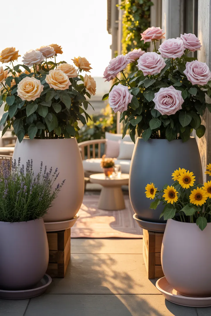 Ein stilvolles Outdoor-Arrangement mit großen Pflanzkübeln auf praktischen Pflanzenrollern, umgeben von einem eleganten Teppich und dekorativen Podesten.