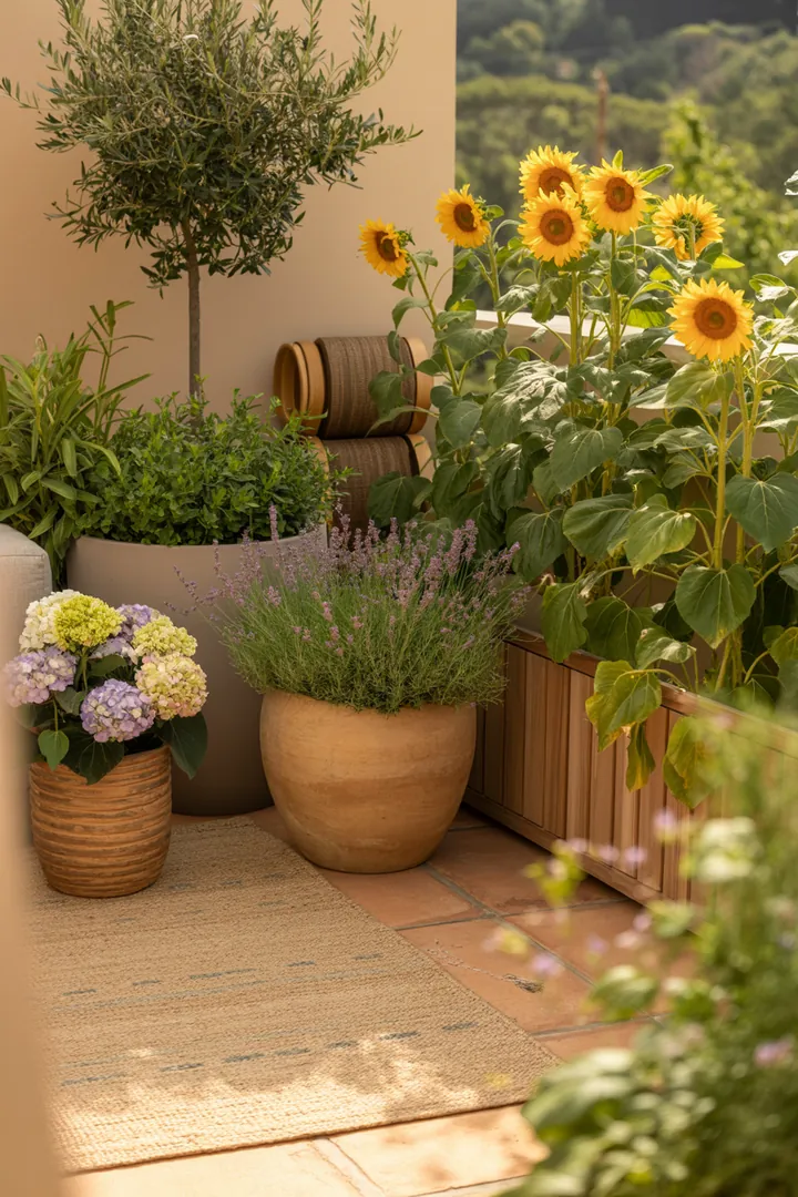 Ein stilvoller Außenbereich mit großen Pflanzkübeln auf eleganten Pflanzenrollern, umgeben von einem gemütlichen Outdoor-Teppich und dekorativen Podesten.