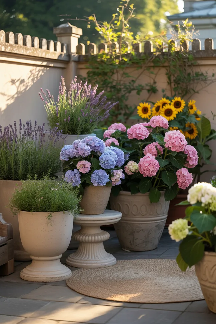 Ein stilvoller Gartenbereich mit dekorativen Pflanzbehältern auf einem farbenfrohen Bodenbelag, ergänzt durch praktische Rollen und erhöhte Plattformen für eine ansprechende Präsentation.