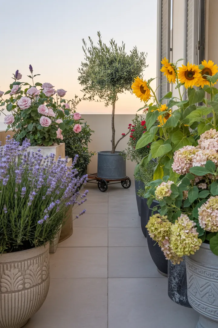 Ein stilvoller Außenbereich mit eleganten Pflanzkübeln auf einem dekorativen Teppich, ergänzt durch praktische Pflanzenroller und stabile Untersetzer auf erhöhten Podesten.