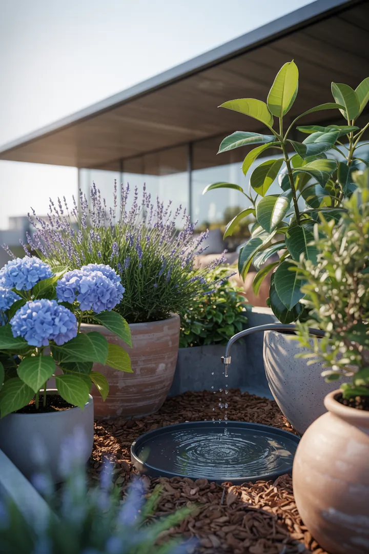 "Effizientes Bewässerungssystem für große Kübel mit speziellem Substrat zur Feuchtespeicherung und natürlichem Mulch für optimale Pflanzenpflege."