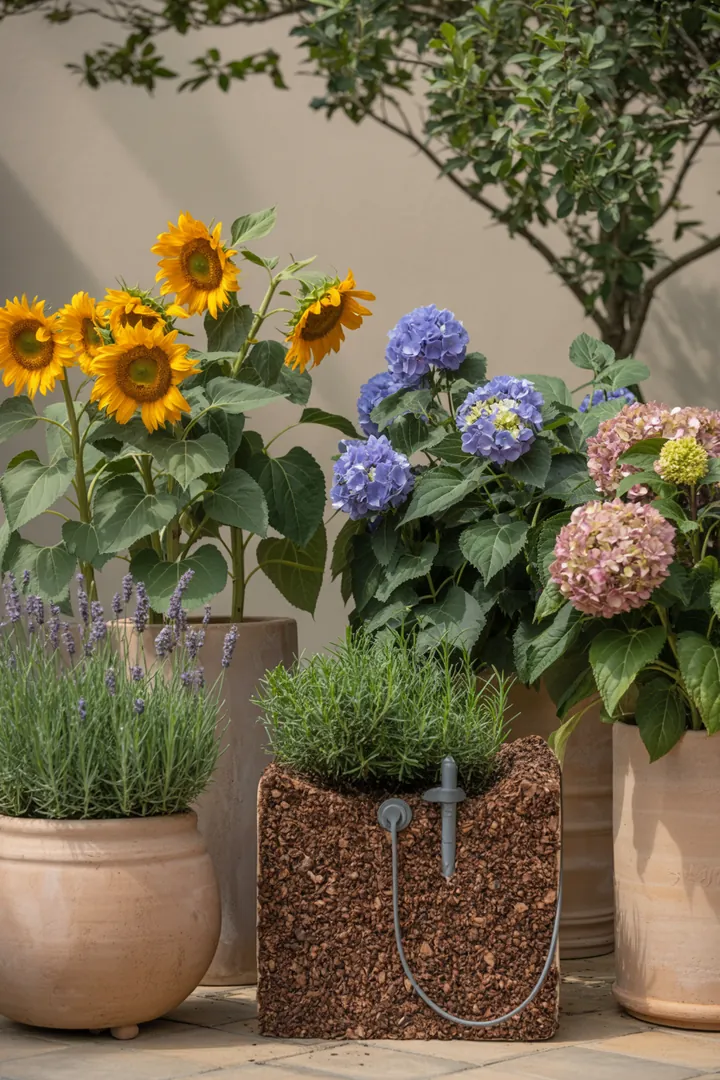 Ein innovatives Bewässerungssystem für große Kübel, das ein feuchtes Substrat speichert und durch Mulch optimalen Wasserhaushalt gewährleistet.