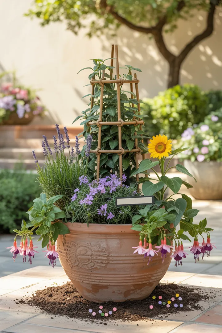 Ein dekorativer Behälter für Pflanzen, gefüllt mit nährstoffreicher Erde und Langzeitdünger, umgeben von beschrifteten Etiketten und stabilen Stützen.