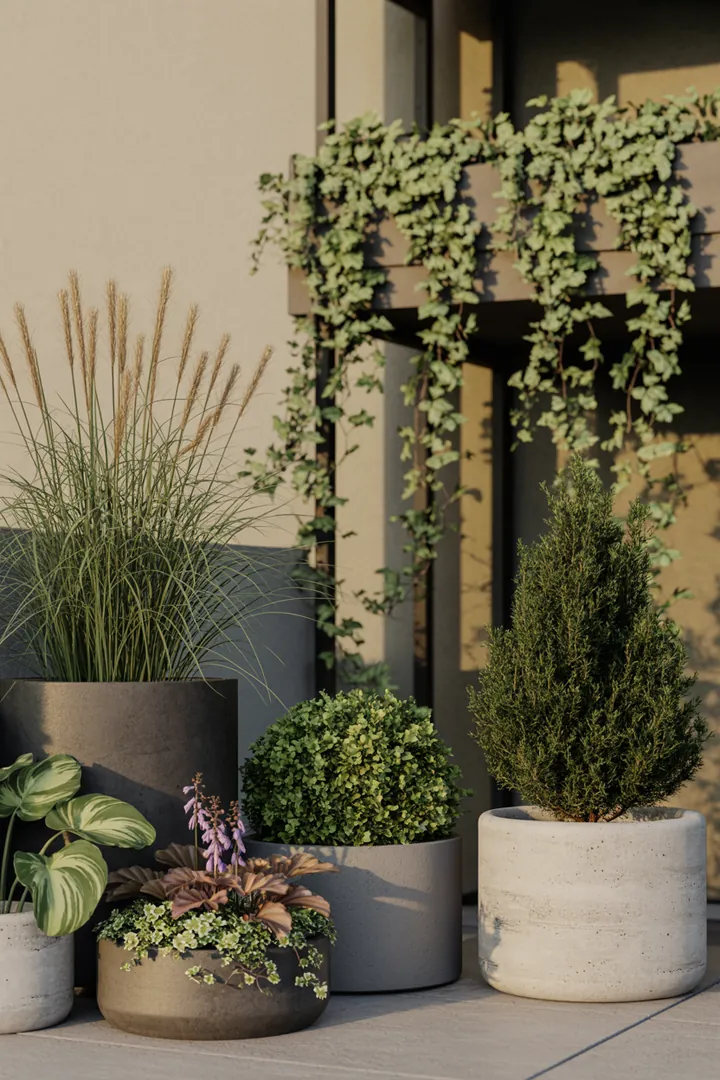 Ein stilvoller Pflanzkübel gefüllt mit nährstoffreicher Erde, unterstützt von Langzeitdünger, dekoriert mit Pflanzetiketten und stabilen Pflanzenstützen für gesunde Wachstumsbedingungen.