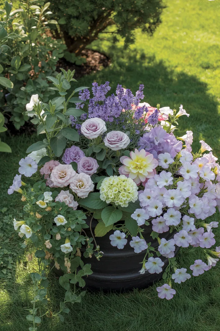 Ein dekorativer Behälter voller gesunder Pflanzen, umgeben von hochwertigen Nährstoffen, Stützen und Etiketten für optimale Pflege und Wachstum.