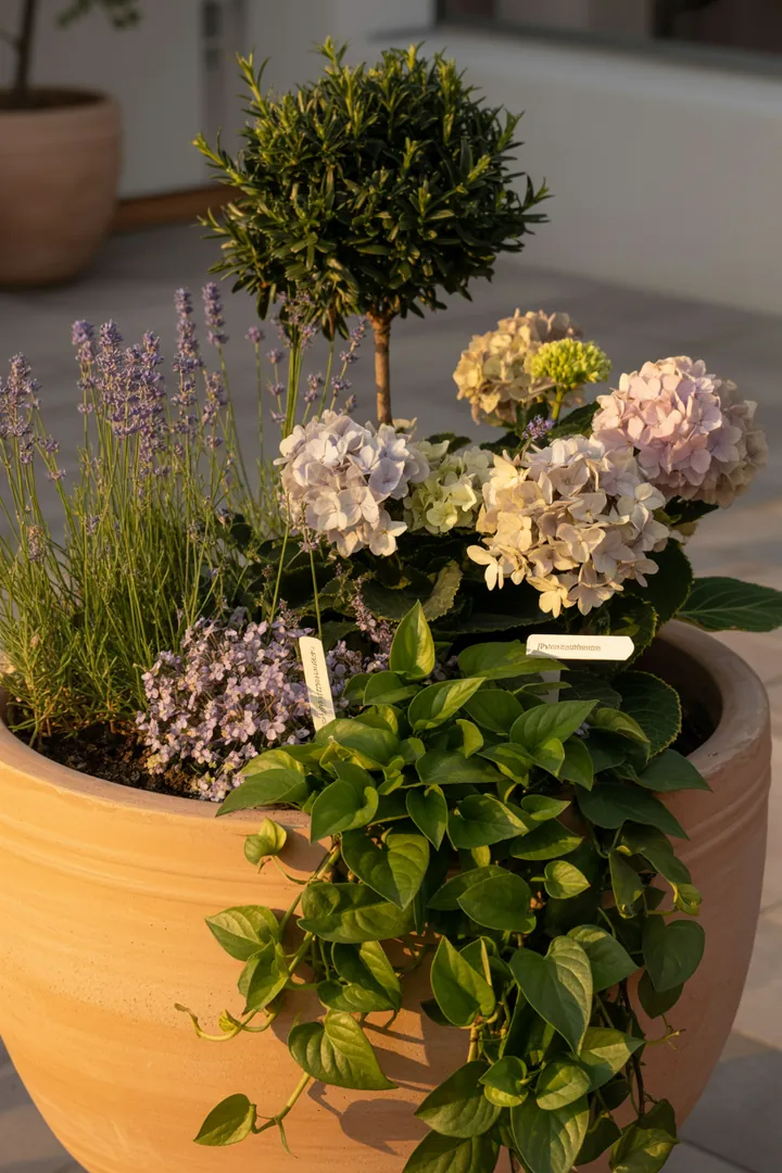 Bunte Pflanzbehälter gefüllt mit nährstoffreicher Erde, umgeben von unterstützenden Elementen und Beschriftungen für gesunde Pflanzenpflege. Ideal für Gartenliebhaber.