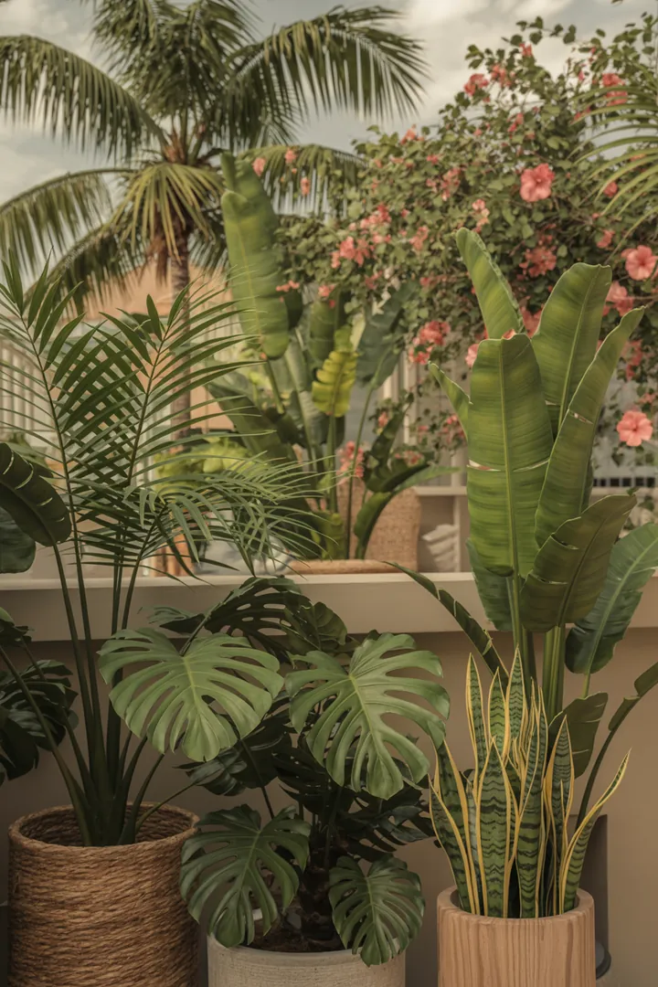 Bunt bepflanzter Kübel mit gesunden Pflanzen, umgeben von Erde, Düngemittel und Etiketten zur Kennzeichnung, unterstützt durch stabile Stützen.