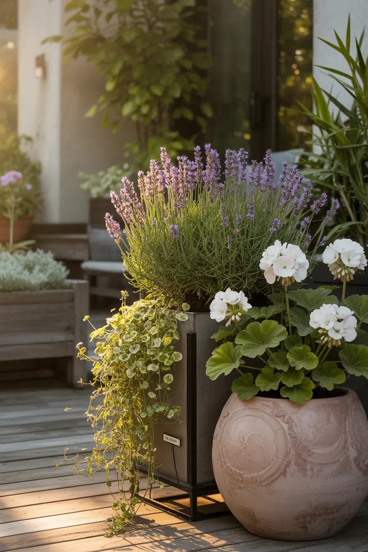 Ein dekorativer Pflanzkübel gefüllt mit frischer Erde, umgeben von Etiketten und Stützen für gesunde Pflanzen, die mit Langzeitdünger versorgt werden.