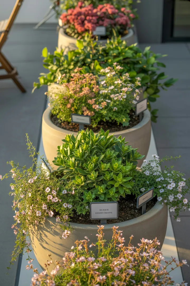 Ein dekorativer Behälter für Pflanzen, gefüllt mit nährstoffreicher Erde, ergänzt durch spezielle Dünger und beschriftete Etiketten zur Pflanzenpflege.