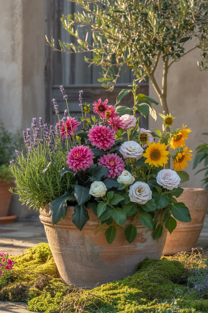 Großer Pflanzkübel mit einem durchdachten Pflanzplaner, ergänzt durch Langzeitdünger und stabilen Pflanzenstützen für gesunde Pflanzen.