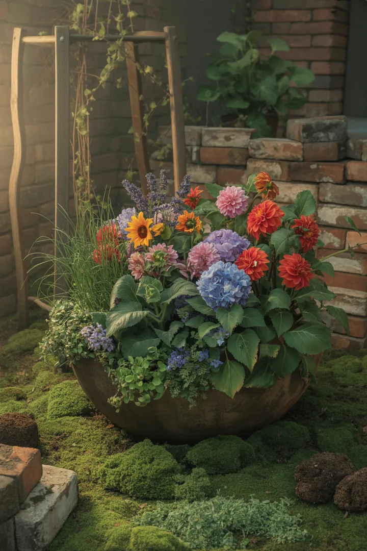 Großer Pflanzkübel mit nachhaltigem Einsatz, umgeben von Pflanzenstützen und Langzeitdünger, ideal für kreative Pflanzplaner.