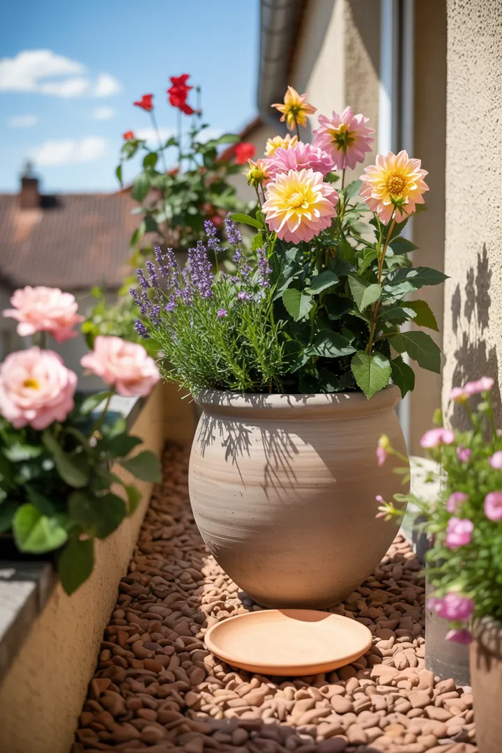Ein dekorativer Behälter für Pflanzen, ausgestattet mit einem speziellen Untersetzer, gefüllt mit Blähton und hochwertiger Erde für optimale Drainage.