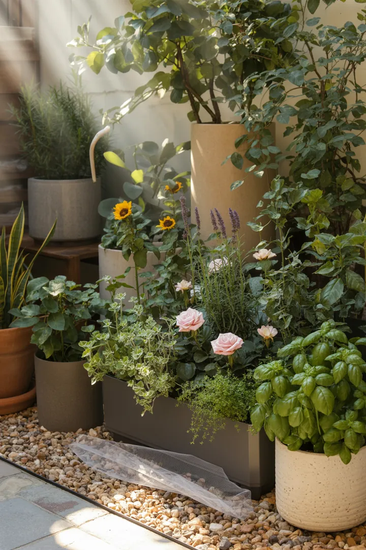 Ein stilvoller Pflanzkübel auf einem Untersetzer, gefüllt mit Kübelpflanzenerde und Blähton, um optimale Drainage zu gewährleisten.