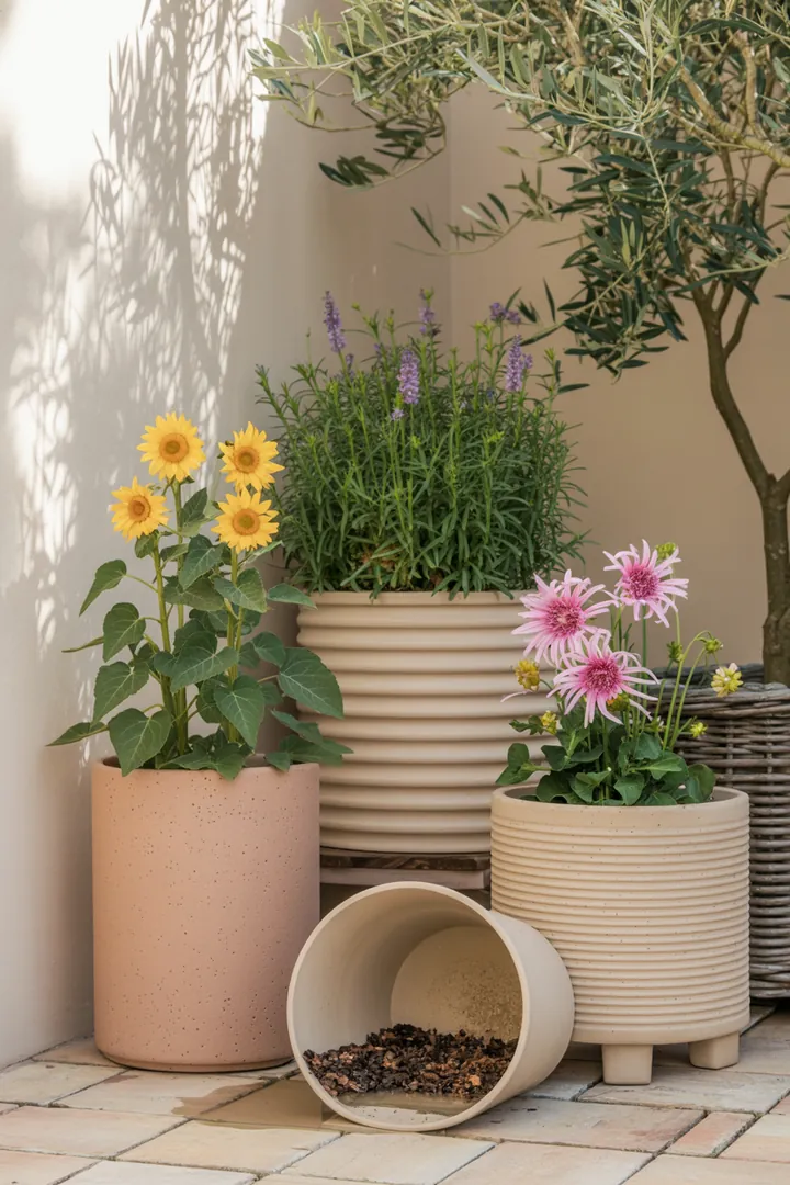 Ein dekorativer Pflanzbehälter mit einem stabilen Untersetzer, gefüllt mit Blähton und hochwertiger Erde, um eine optimale Drainage zu gewährleisten.