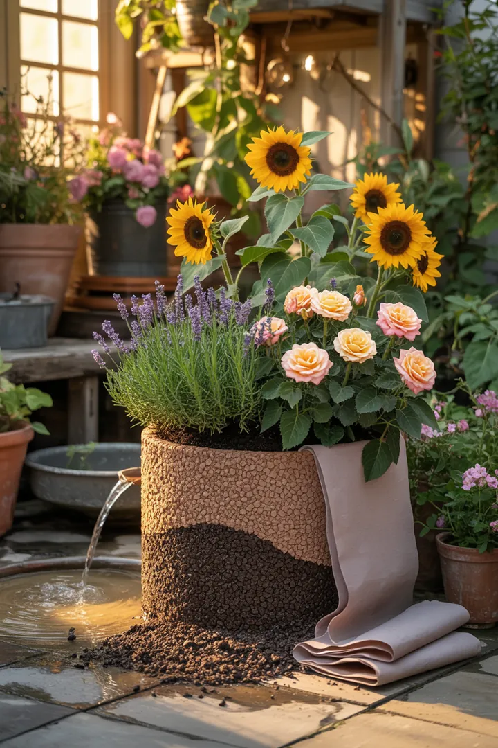 Ein stilvoller Pflanzkübel auf einem Untersetzer, gefüllt mit Kübelpflanzenerde und umgeben von Blähton zur optimalen Drainage, bietet ideale Wachstumsbedingungen.