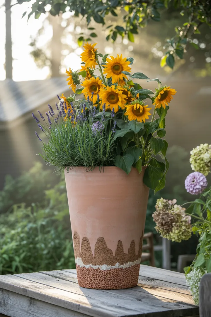 Ein stilvoller Pflanzkübel auf einem Untersetzer, gefüllt mit Kübelpflanzenerde und umgeben von Blähton für optimale Drainage, perfekt für Gartenliebhaber.