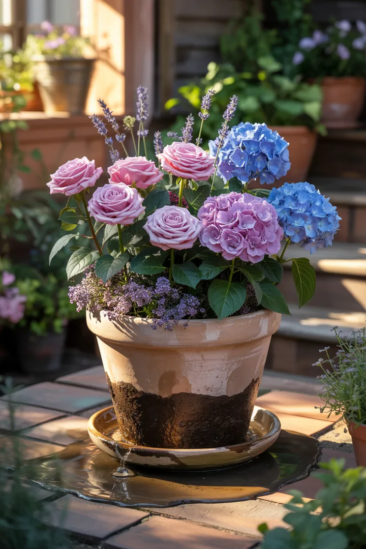 Ein dekorativer Pflanzkübel auf einem Untersetzer, gefüllt mit Kübelpflanzenerde und umgeben von Blähton, sorgt für optimale Drainage mit einem schützenden Vlies.