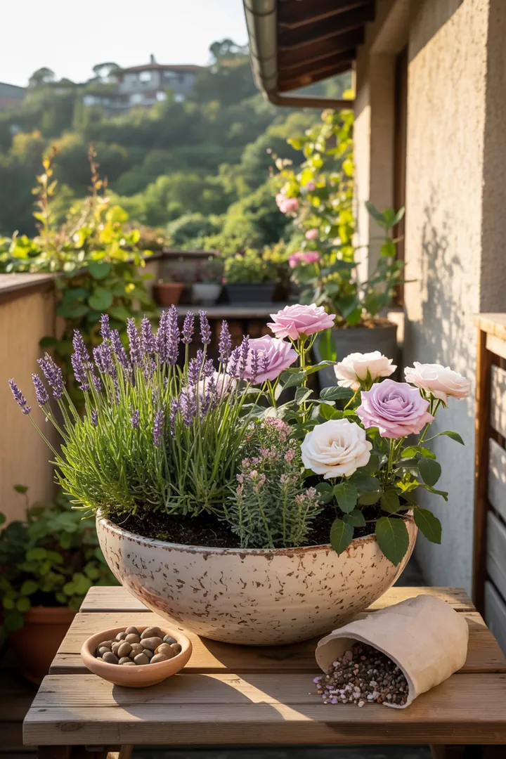 Ein dekorativer Pflanzbehälter auf einem Untersetzer, gefüllt mit Blähton und hochwertiger Erde, um optimale Wurzelbelüftung und Drainage zu gewährleisten.