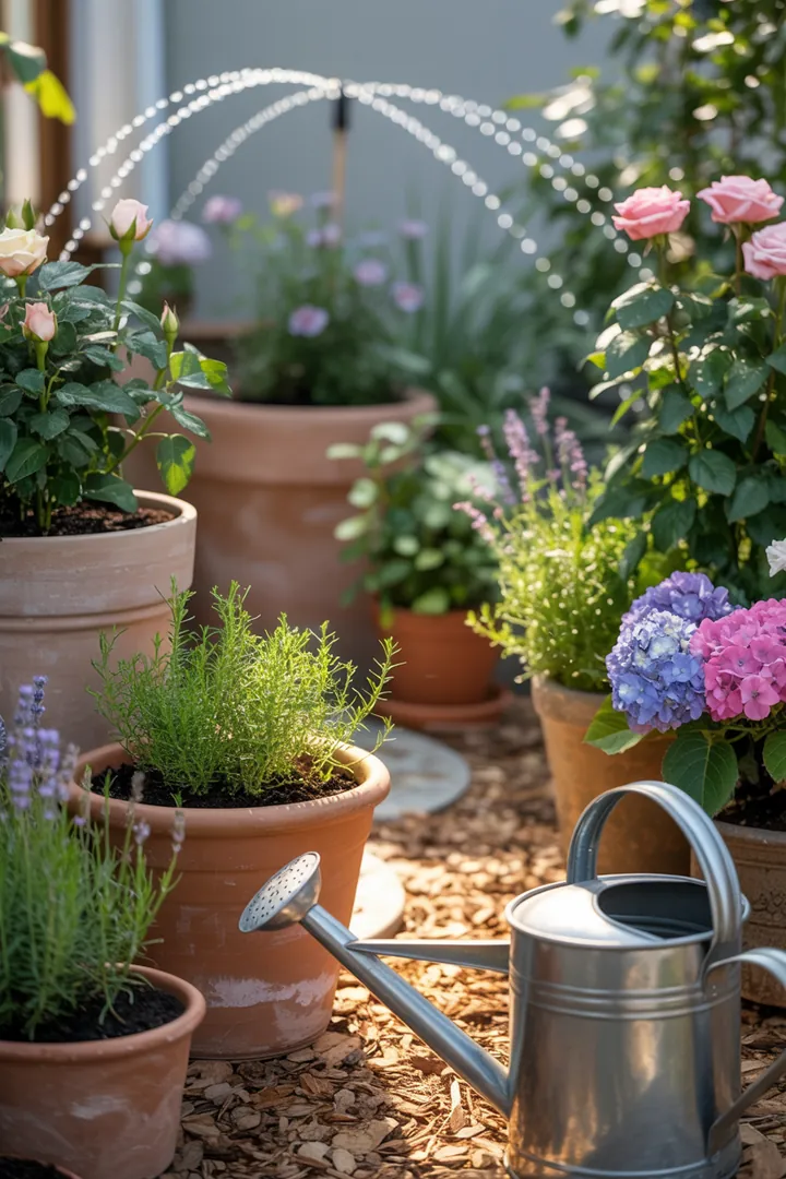 Ein stilvoller Topf mit innovativem Bewässerungssystem, der Wasser speichert, um Pflanzen optimal zu versorgen, umgeben von Mulch. Ideal für pflegeleichte Gartenliebhaber.