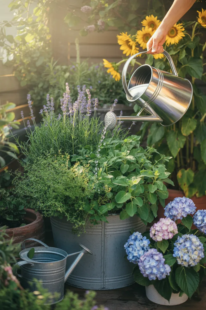 Ein innovativer Blumentopf mit integriertem Bewässerungssystem, der durch spezielle Erde und Mulch für optimale Pflanzenfeuchtigkeit sorgt.