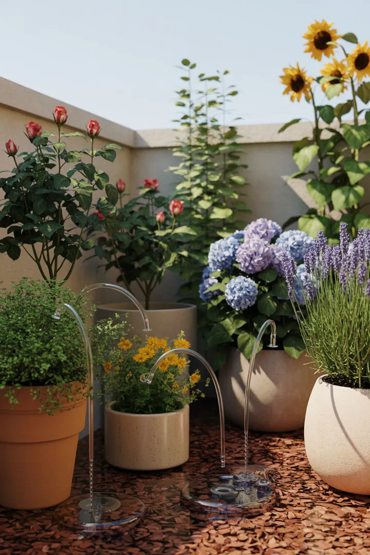 Ein innovativer Blumentopf mit Selbstbewässerungssystem, ausgestattet mit Tropfbewässerung, Feuchtespeicher-Substrat und Mulch, perfekt für eine mühelose Pflanzenpflege ohne Gießkanne.