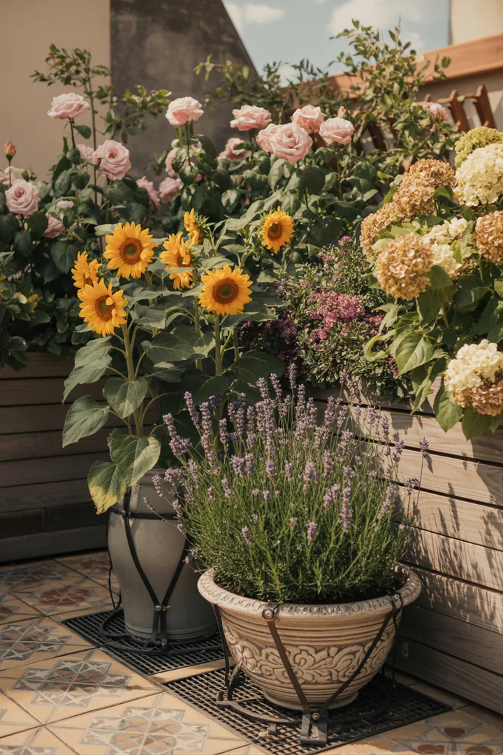 Ein stabiler Gartenbereich mit robusten Halterungen für große Pflanzgefäße, ausgestattet mit rutschfesten Unterlagen und sicheren Befestigungen, die für optimale Sicherheit sorgen.